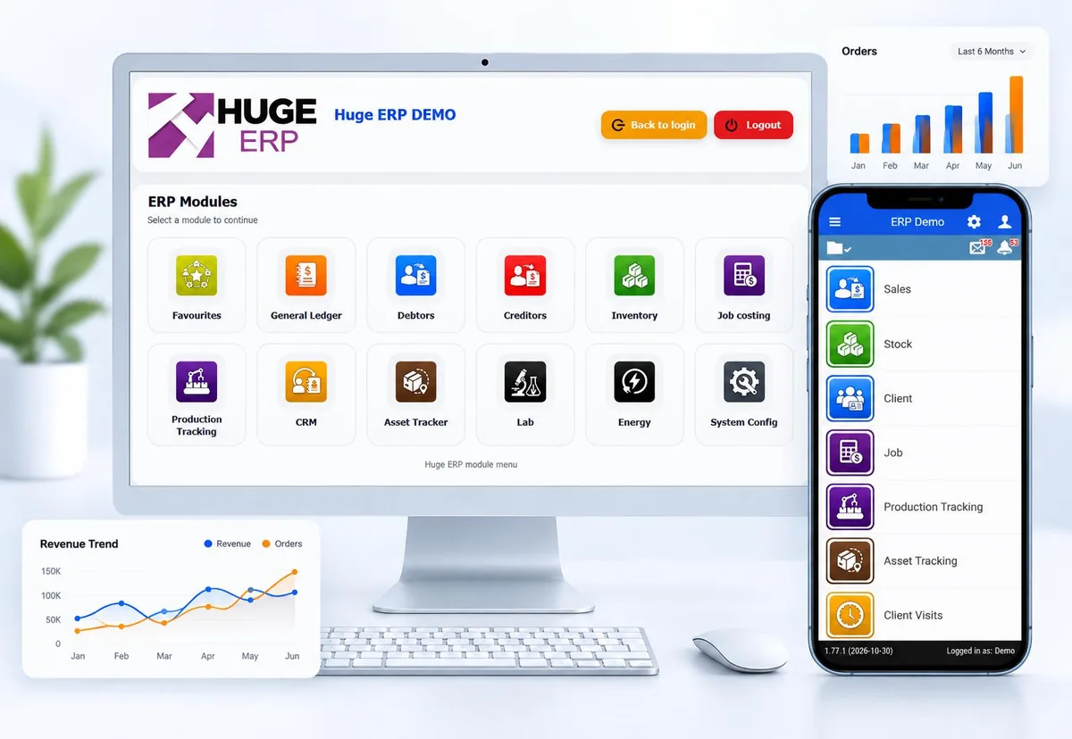 Huge ERP desktop module menu and mobile application with business reporting