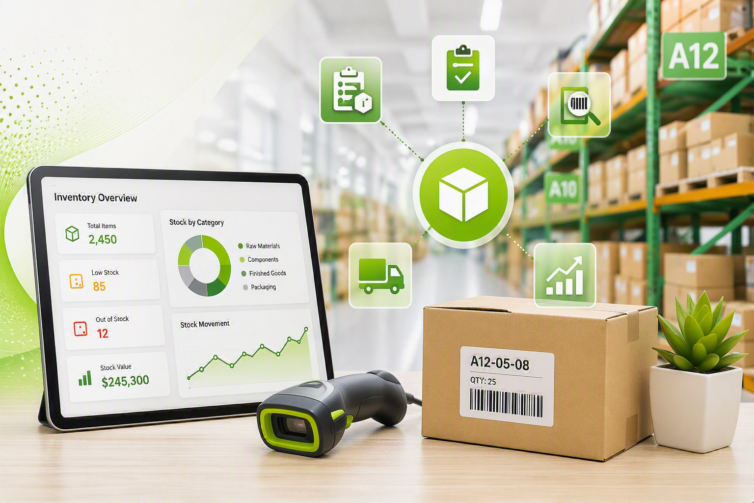 Illustrative inventory dashboard with a tablet, barcode scanner and warehouse shelves.