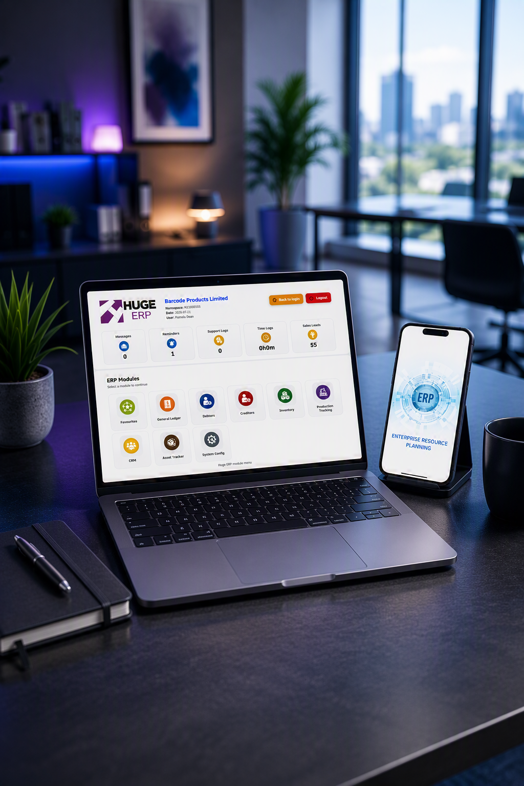 Illustrative business software workspace with a laptop and smartphone.