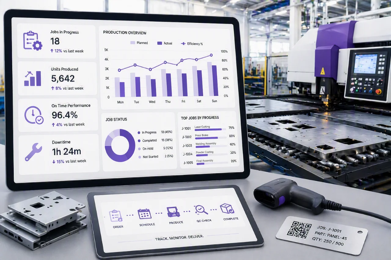 Illustrative production dashboard with tablet, barcode scanner and manufacturing equipment.