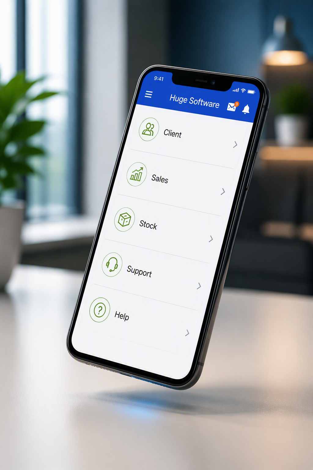 Illustrative Huge Software mobile app showing client, sales, stock and support menus.