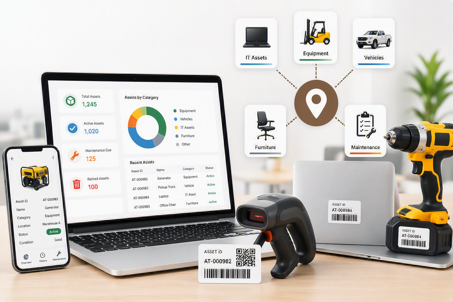 Illustrative asset management workspace with laptop, phone, scanner and equipment.